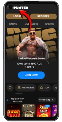 MrPunter official site homepage on mobile, showing logo and main menu for AU players